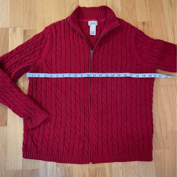 LL Bean Sweater Red Cable Knit Cotton Jacket Full Zip Cardigan Large - Picture 9 of 10